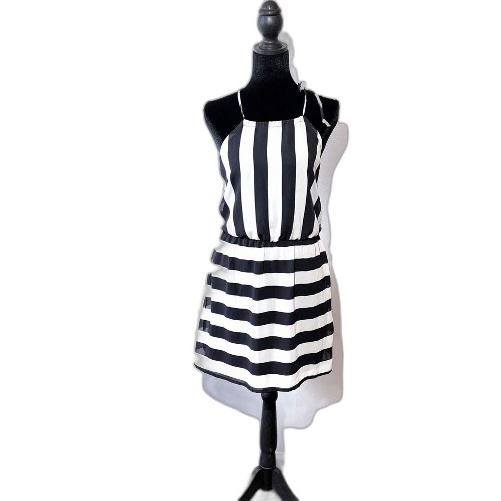 Women’s Dress Sleeveless Elastic Waist Neck Tie Halter Striped Black/white XS